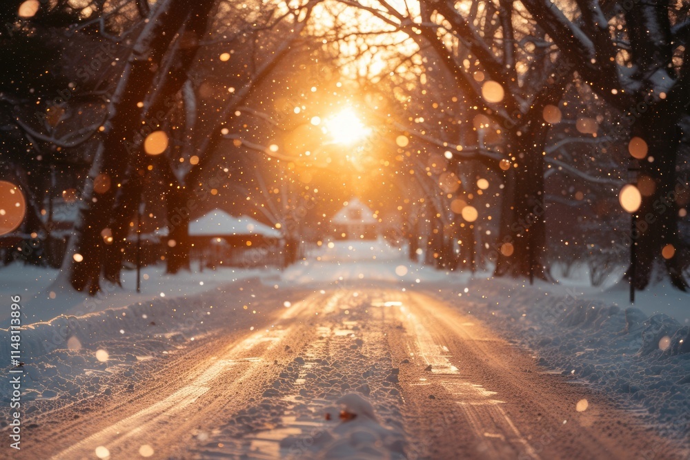 Snowy pathway illuminated by warm sunset in a serene winter landscape Snowy pathway illuminated by warm sunset in a serene winter landscape