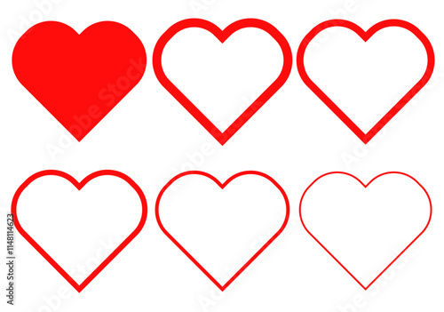 Hoja de iconos rojo de corazón con diferentes trazos