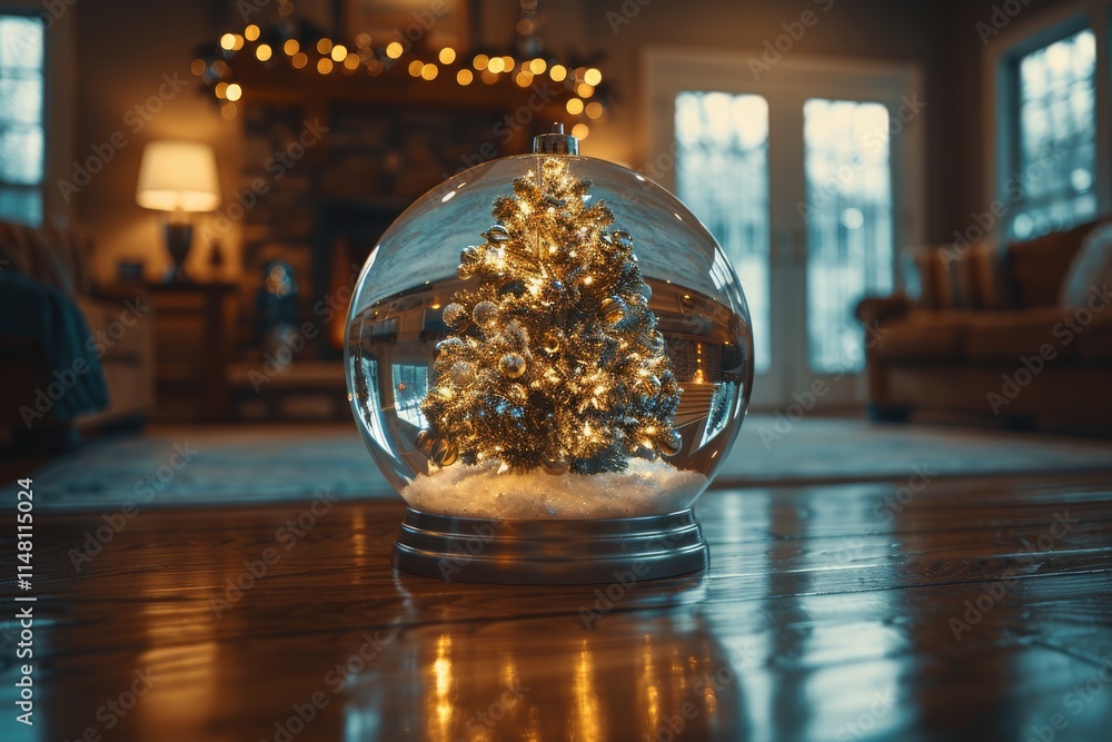 Snow globe with illuminated Christmas tree inside a cozy living room during the holiday season Snow globe with illuminated Christmas tree inside a cozy living room during the holiday season