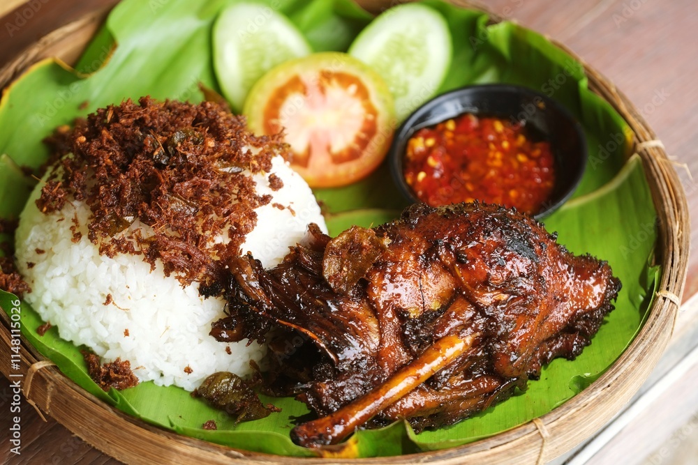 Φωτογραφία A delicious plate of grilled duck served with steamed rice, crispy fried shallots, fresh cucumber, tomato slices, and spicy sambal, beautifully presented on a banana leaf-lined bamboo plate
