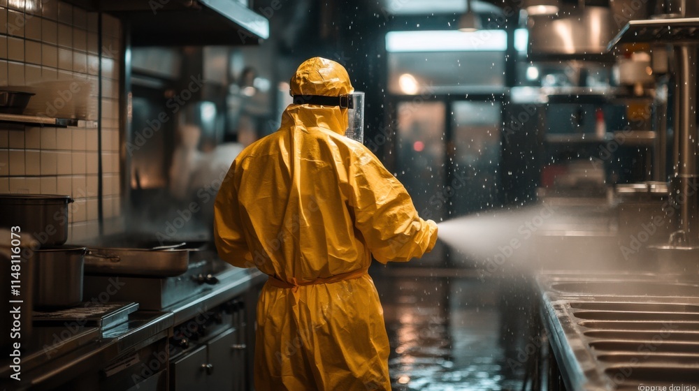 Worker in Yellow Hazmat Suit Sprays Restaurant Kitchen Worker in Yellow Hazmat Suit Sprays Restaurant Kitchen