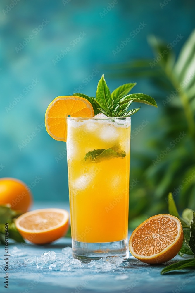 A glass of orange juice with ice cubes and a sprig of mint on top