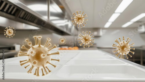 A kitchen environment with floating norovirus representations, emphasizing hygiene concerns and the risks of contamination in food preparation settings.