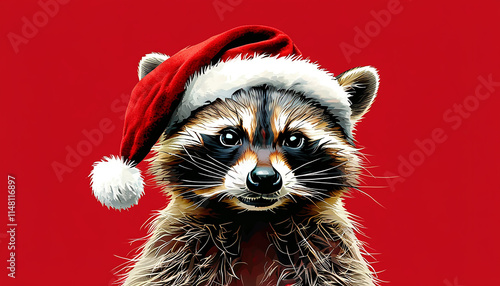 Adorable raccoon in a Santa hat. Christmas animal portrait, festive wildlife illustration. photo