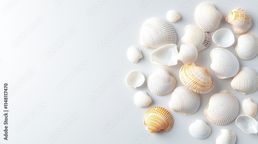 White seashells scattered on white background. White seashells scattered on white background.