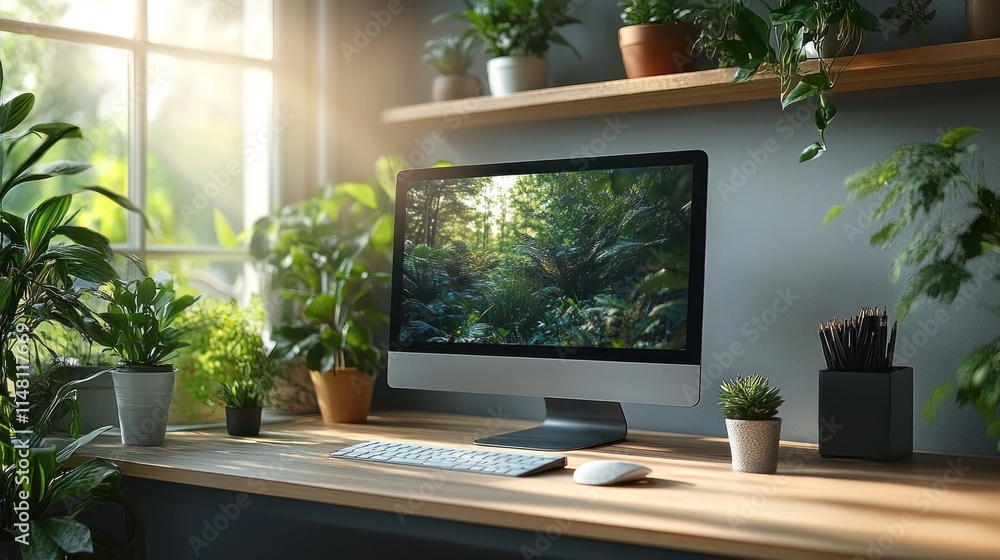 Serene Home Office Workspace with Lush Greenery and a Tropical Desktop Wallpaper Serene Home Office Workspace with Lush Greenery and a Tropical Desktop Wallpaper