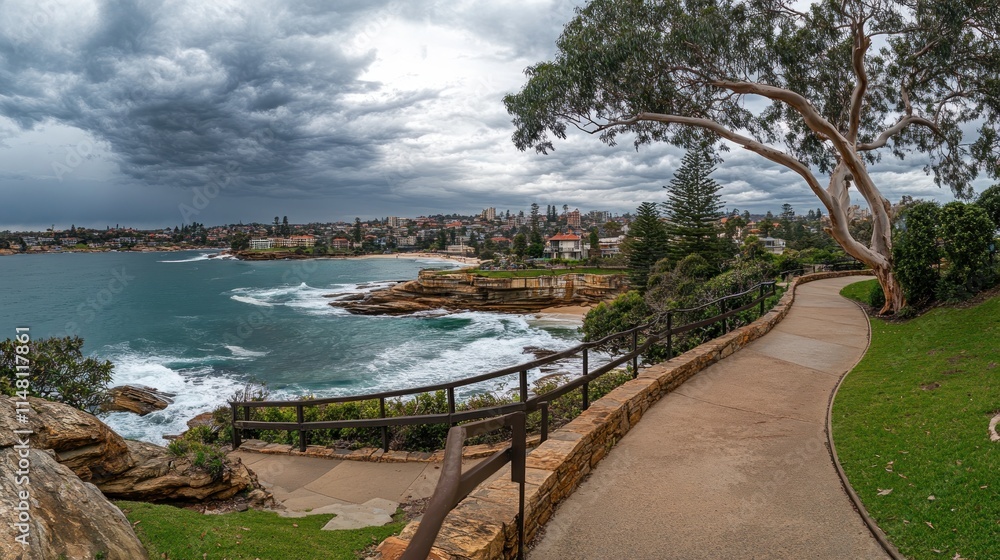 Coastal path overlooking dramatic ocean, storm clouds, and cityscape. Coastal path overlooking dramatic ocean, storm clouds, and cityscape.
