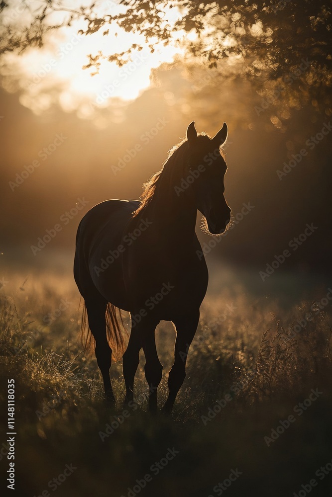 Silhouette of a horse standing in a field during sunrise, bathed in golden light, evoking tranquility and natural beauty. Silhouette of a horse standing in a field during sunrise, bathed in golden light, evoking tranquility and natural beauty.