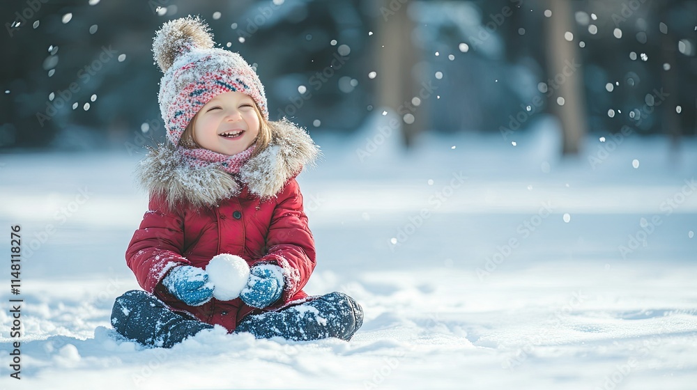 Joyful Child Playing in Snowy Winter Wonderland with Snowball Joyful Child Playing in Snowy Winter Wonderland with Snowball