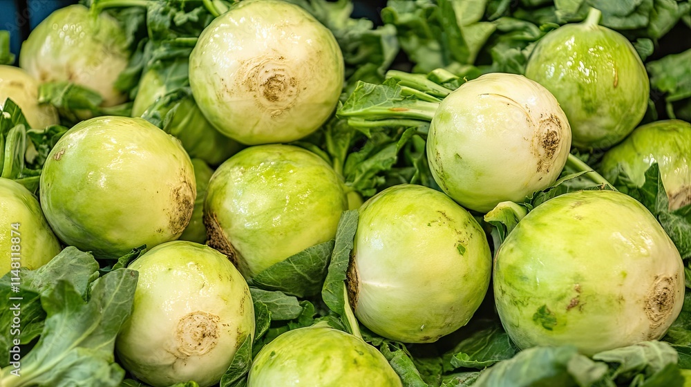 Fresh Green Turnips Surrounded by Crisp Green Leaves in Market Display Fresh Green Turnips Surrounded by Crisp Green Leaves in Market Display