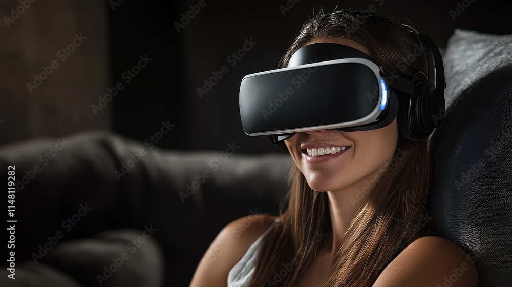 technology, augmented reality, entertainment and people concept - happy young woman with virtual headset or 3d glasses playing video game with singapore city on screen in dark room technology, augmented reality, entertainment and people concept - happy young woman with virtual headset or 3d glasses playing video game with singapore city on screen in dark room