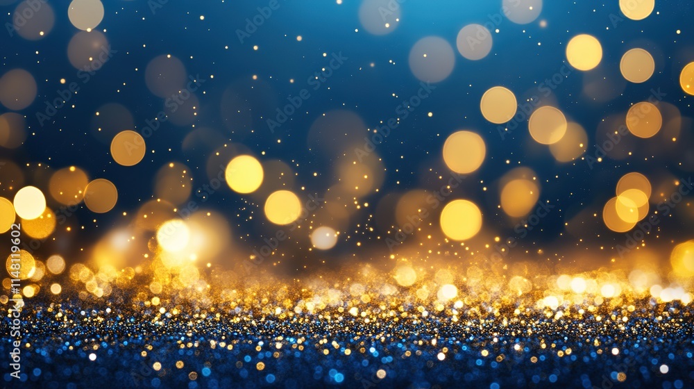Abstract Dark Blue and Gold Particle Background with Christmas Golden Light Bokeh, Festive Holiday Concept Abstract Dark Blue and Gold Particle Background with Christmas Golden Light Bokeh, Festive Holiday Concept