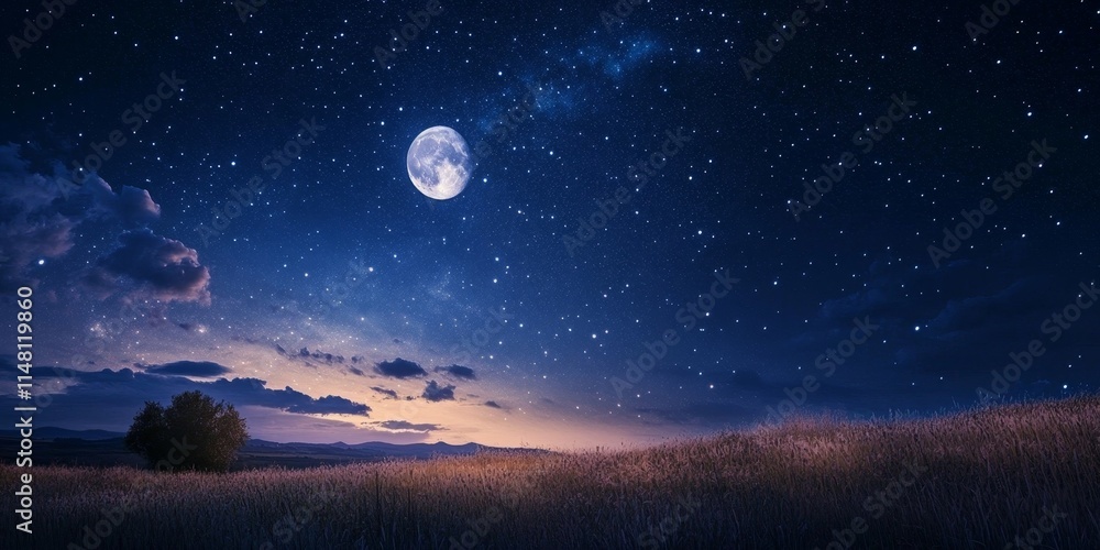 Fototapeta premium A stunning night sky filled with stars and the moon, showcasing the beauty of the night sky as it captivates with countless stars and the shining moon illuminating the dark.