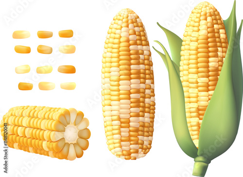 Realistic ripe raw corn cobs and yellow kernels, vector maize farm food vector 3d sweetcorn corn cobs, agriculture elements. Harvest Gradient Mesh gradient wes used