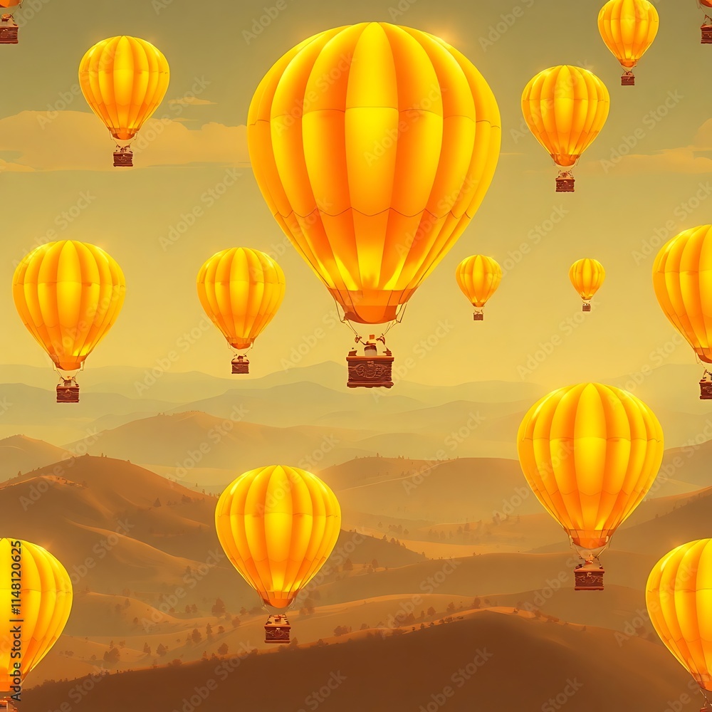 Fototapeta premium Golden Hour Hot Air Balloons: A breathtaking panorama of vibrant orange hot air balloons soaring gracefully over rolling hills bathed in the warm glow of sunset.