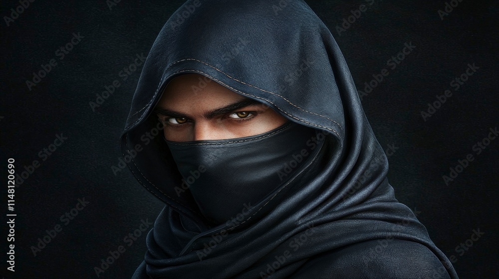 Naklejka premium Mysterious Hooded Figure Cinematic Portrait Dark Background Intense Gaze