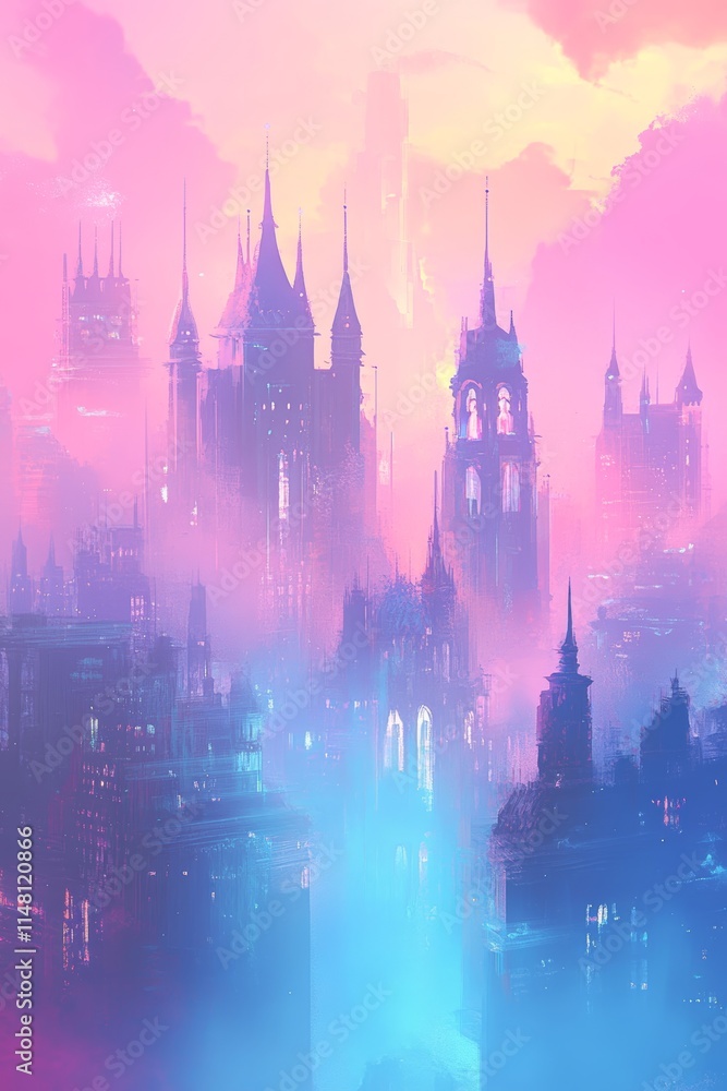 Fototapeta premium A mesmerizing fantasy cityscape featuring towering spires and vibrant pastel skies, creating a mystical and enchanting atmosphere.