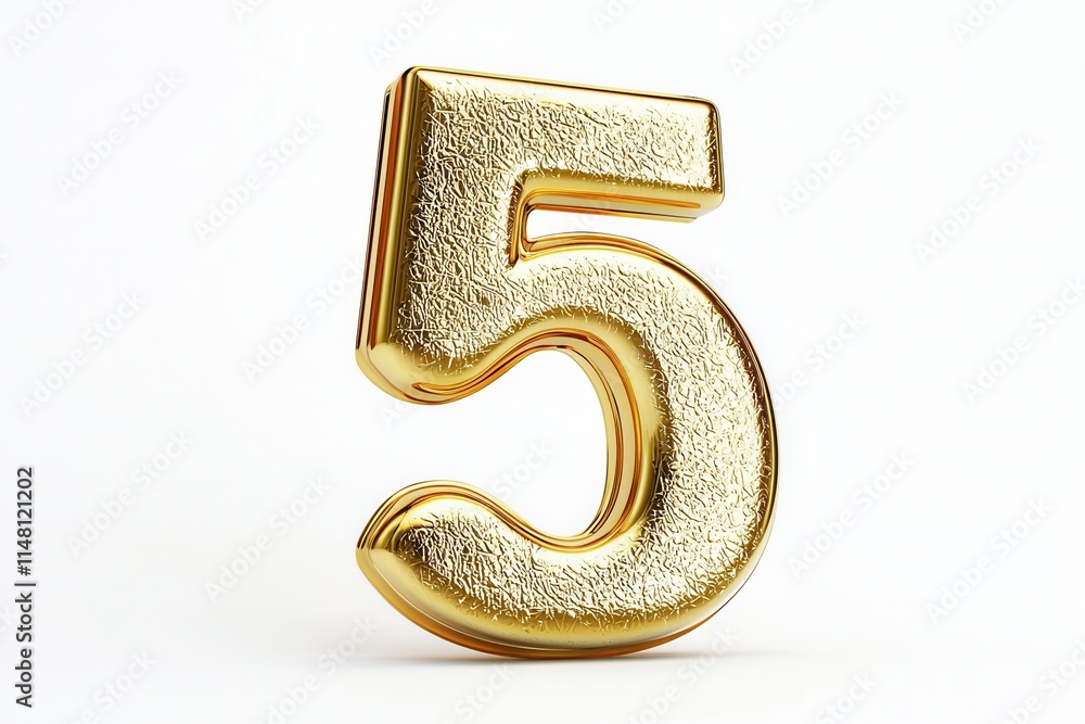 Bright gold number five with a textured finish on a plain white background, ideal for birthday celebrations or promotional events Bright gold number five with a textured finish on a plain white background, ideal for birthday celebrations or promotional events