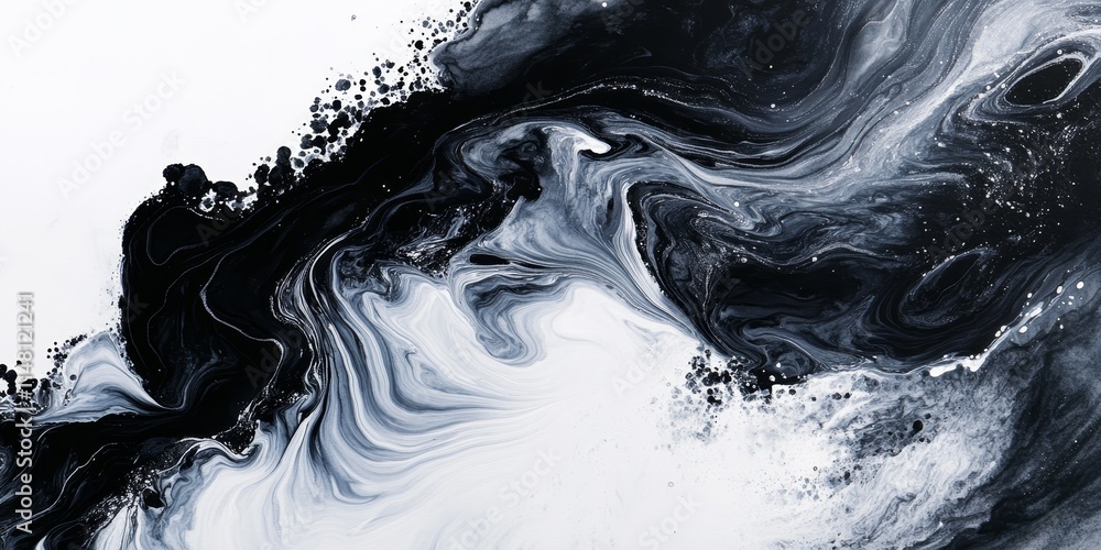 Black watercolor paint swirls in water, creating a stunning marble like effect. This black and white watercolor paint infusion showcases the unique beauty of fluid art techniques.