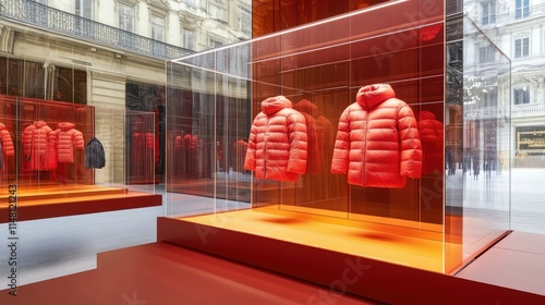 Bold Red Puffer Jackets Displayed in Modern Retail Setting photo