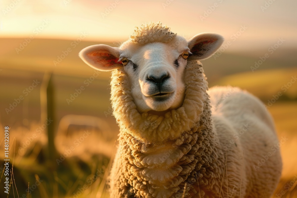 Fototapeta premium Curious sheep standing in a lush green field during golden hour, illuminated by the warmth of the descending sun with rolling hills in the background