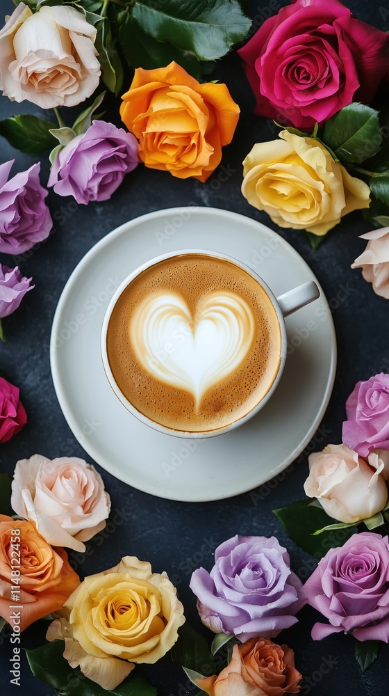 A heart-shaped latte art coffee cup surrounded by colorful roses on the table, with warm tones and soft lighting. A heart-shaped latte art coffee cup surrounded by colorful roses on the table, with warm tones and soft lighting.