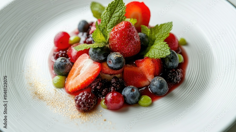 Fresh Fruit Salad with Berries and Mint Garnish on Plate Fresh Fruit Salad with Berries and Mint Garnish on Plate