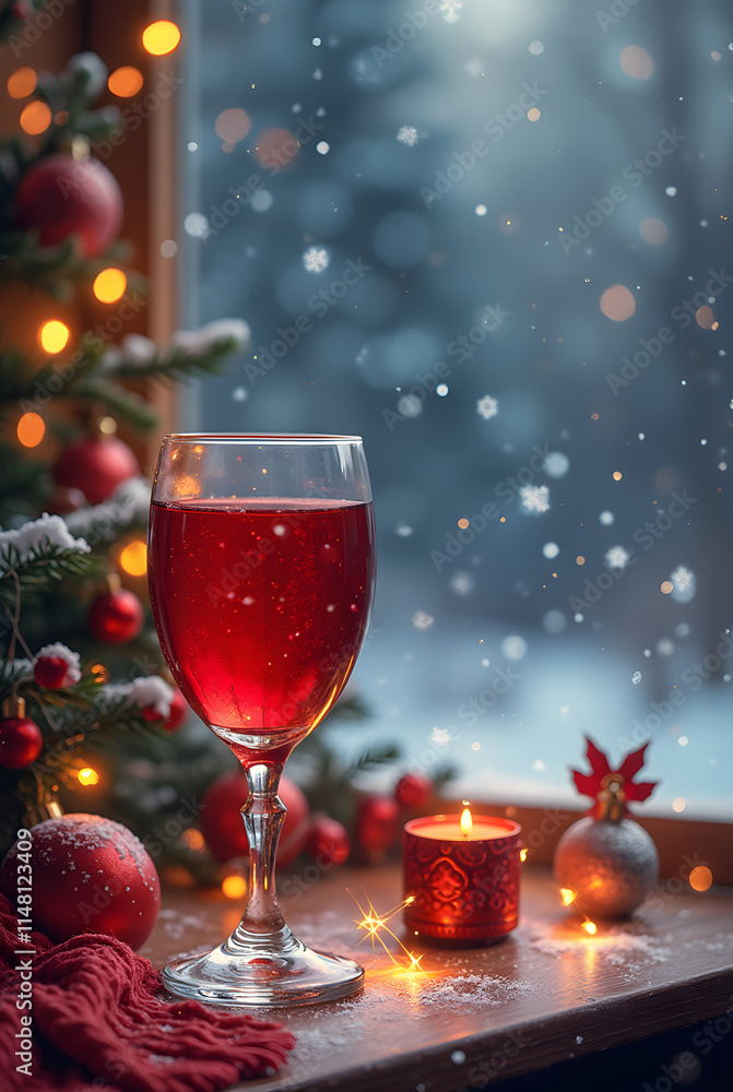 Wine Glass on Table, Holiday Ornaments and Snowy Decor, Winter Festivities, Candlelit Setting, Romantic and Elegant Scene Wine Glass on Table, Holiday Ornaments and Snowy Decor, Winter Festivities, Candlelit Setting, Romantic and Elegant Scene