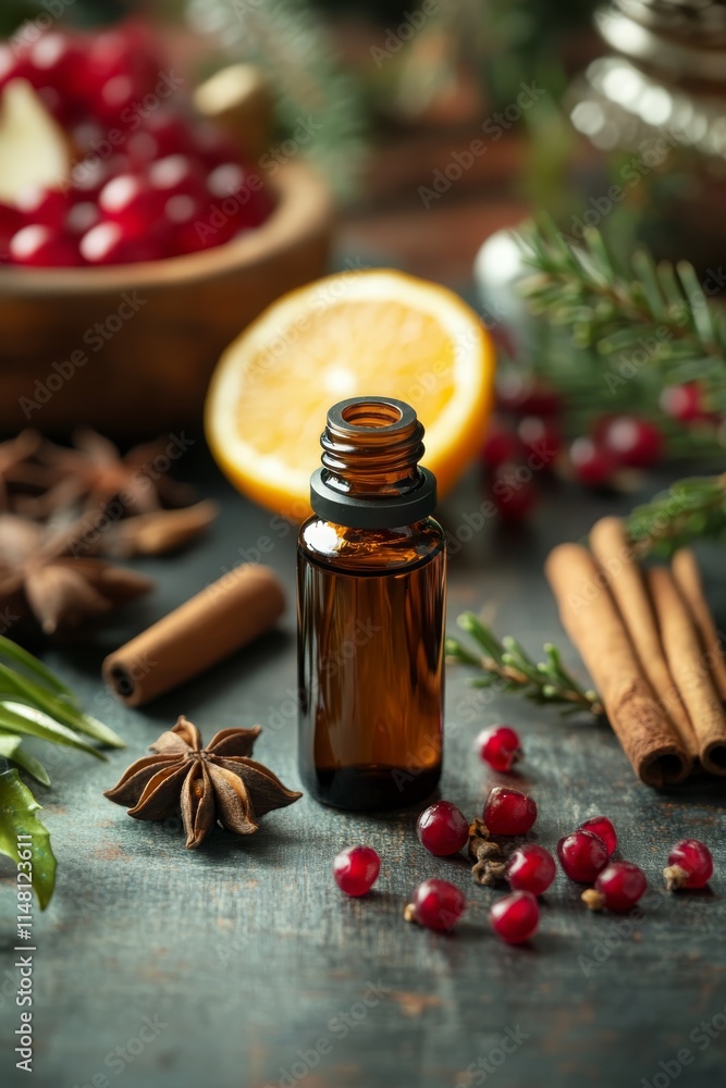 Christmas essential oils in bottles. Selective focus. Generative AI, Christmas essential oils in bottles. Selective focus. Generative AI,