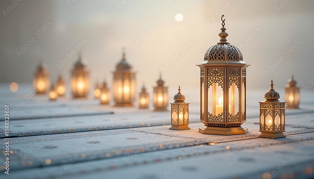 Obraz premium Illuminated Islamic Lanterns on Prayer Rugs at Dusk, Generative AI