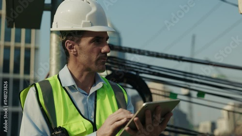 Portrait of man engineer in helmet working on tablet at construction site. Male supervisor in safety uniform compares work results with architectural documents looking away at sunset