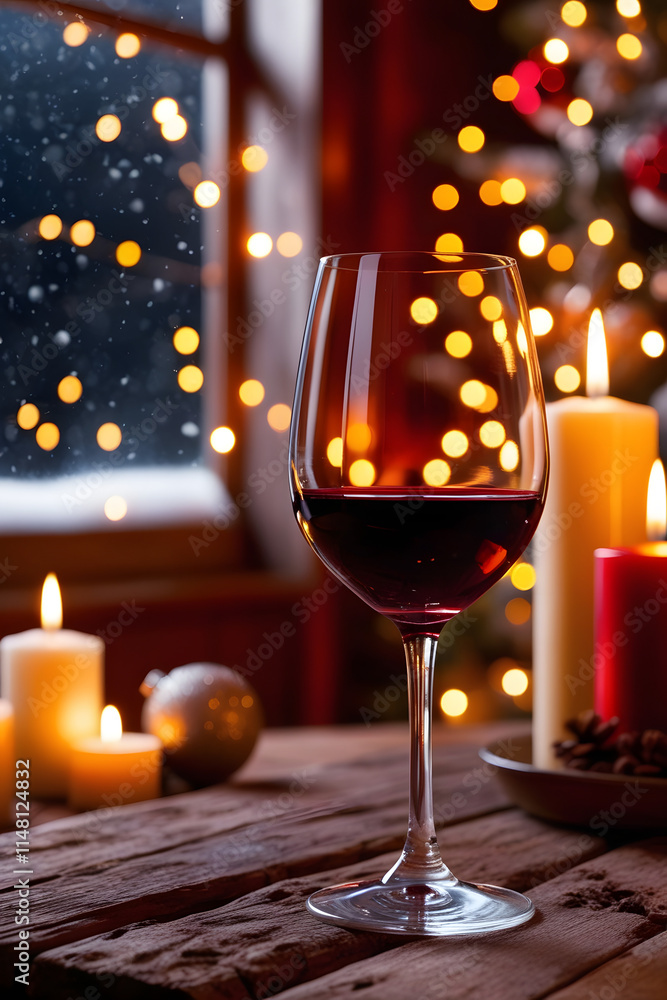 Red Wine Glass, Snowy Holiday Setting, Christmas Cheer and Glowing Lights, Winter Evening, Cozy and Magical Atmosphere Red Wine Glass, Snowy Holiday Setting, Christmas Cheer and Glowing Lights, Winter Evening, Cozy and Magical Atmosphere