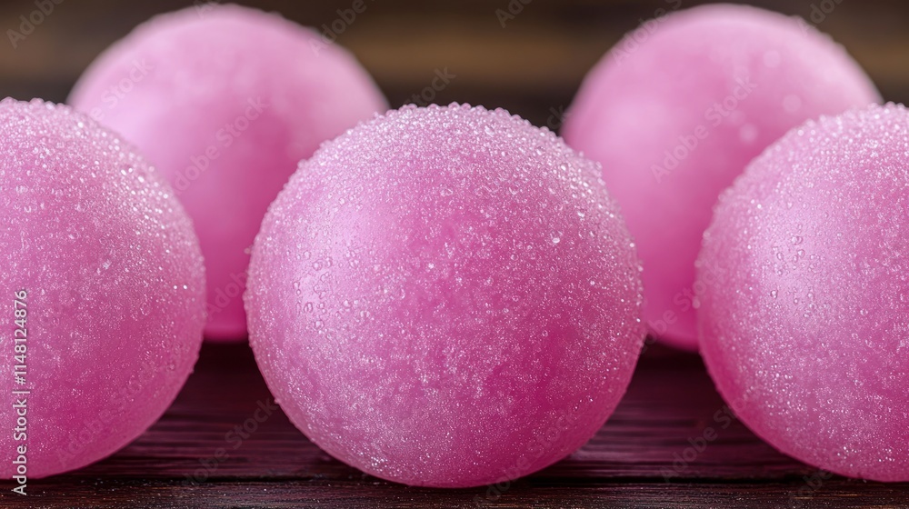 Close-up of five frosted pink spheres on a wooden surface. Close-up of five frosted pink spheres on a wooden surface.