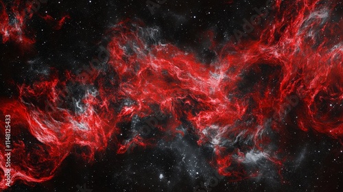 A vibrant cosmic scene depicting swirling red and white nebulae in a dark space backdrop. photo