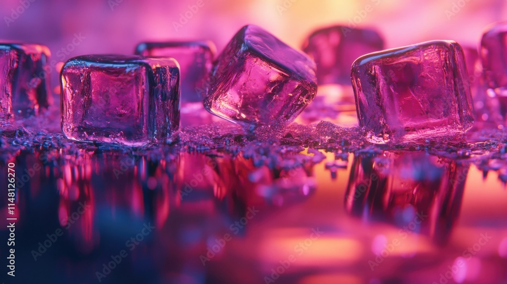 Colorful Ice Cubes on Reflective Surface with Vibrant Background Colorful Ice Cubes on Reflective Surface with Vibrant Background