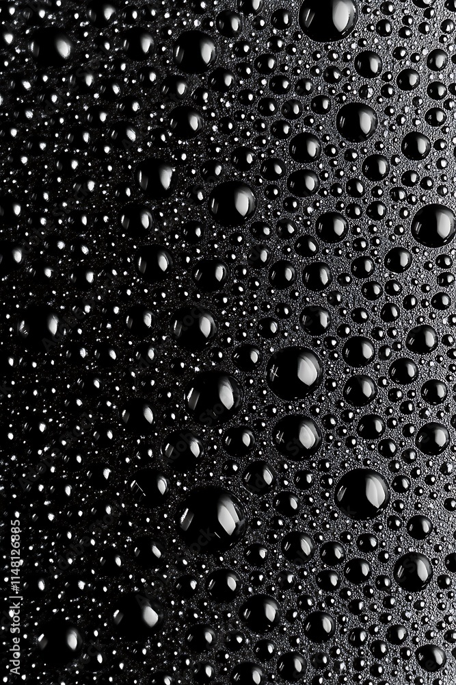 Close-up of water droplets on a dark surface, varying in size and creating a textured pattern. Close-up of water droplets on a dark surface, varying in size and creating a textured pattern.