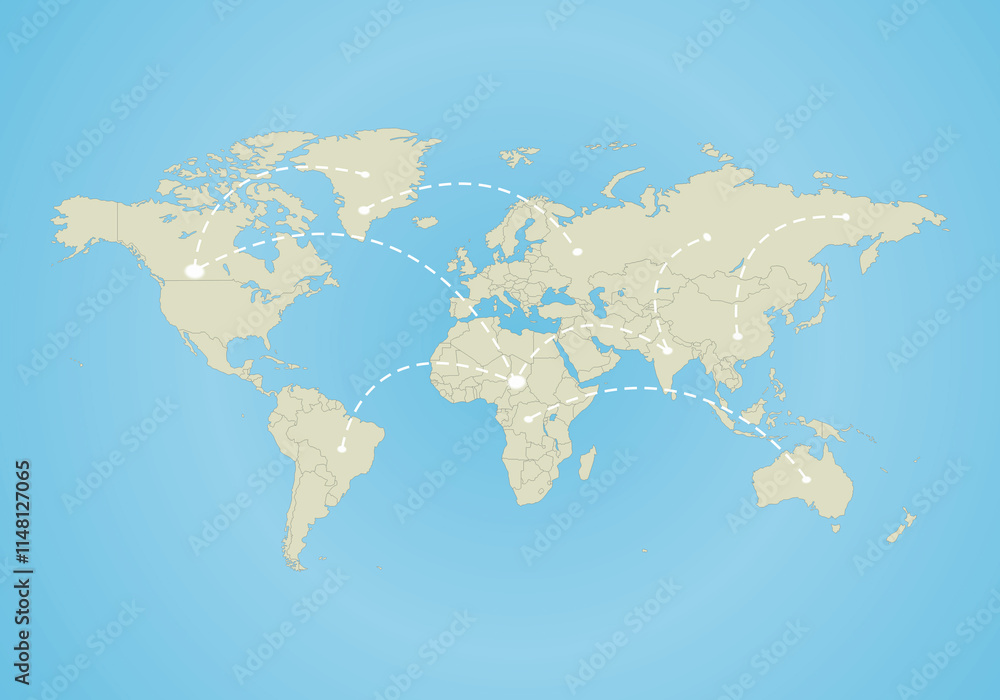 Obraz premium World map, with all country borders in dark grey color and blue background