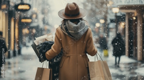 Woman in Winter Coat Carrying Shopping Bags on Snowy Street