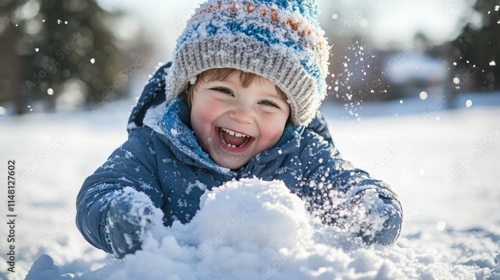Joyful Child Playing in Snow with Snowball during Winter Day Joyful Child Playing in Snow with Snowball during Winter Day