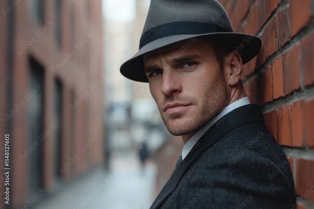 A mysterious man wearing a fedora and suit leans against a brick wall, embodying a sense of intrigue and sophistication in a stylish urban environment. A mysterious man wearing a fedora and suit leans against a brick wall, embodying a sense of intrigue and sophistication in a stylish urban environment.