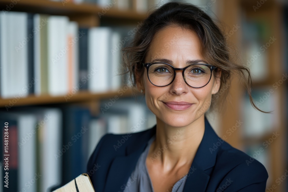 A smiling woman in glasses stands confidently in front of a bookshelf, radiating knowledge and warmth, embodying the love for reading and education. A smiling woman in glasses stands confidently in front of a bookshelf, radiating knowledge and warmth, embodying the love for reading and education.