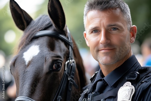 A focused police officer stands next to a horse, emphasizing the bond between humans and animals in law enforcement while showcasing commitment to community safety.