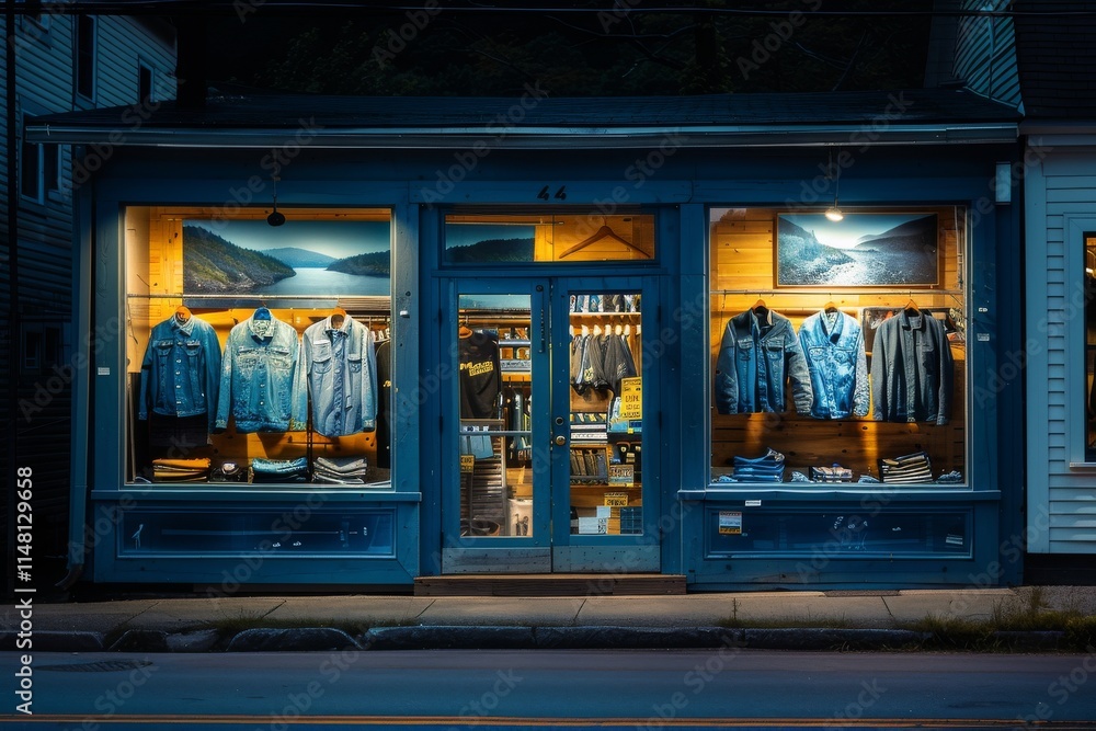 Denim boutique showcases stylish apparel in warmly lit windows during evening hours in a cozy town Denim boutique showcases stylish apparel in warmly lit windows during evening hours in a cozy town