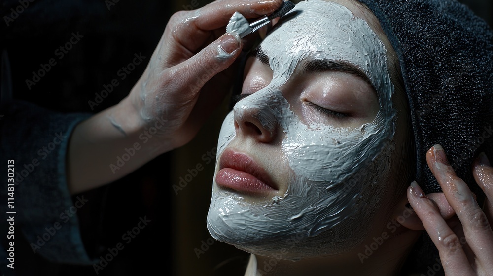 Fototapeta premium Relaxing Facial Mask Application: A Close-Up Shot of a Woman Receiving a Clay Mask Treatment