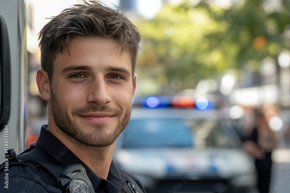 A cheerful police officer stands confidently beside a police car, showcasing a friendly demeanor and a strong sense of community service while promoting public safety. A cheerful police officer stands confidently beside a police car, showcasing a friendly demeanor and a strong sense of community service while promoting public safety.