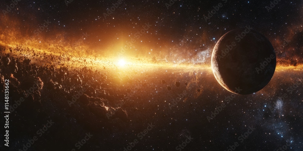 Obraz premium Panoramic banner depicting a captivating star and exoplanet transit scene, showcasing the mesmerizing interplay of celestial bodies in this stunning star and exoplanet transit visualization.