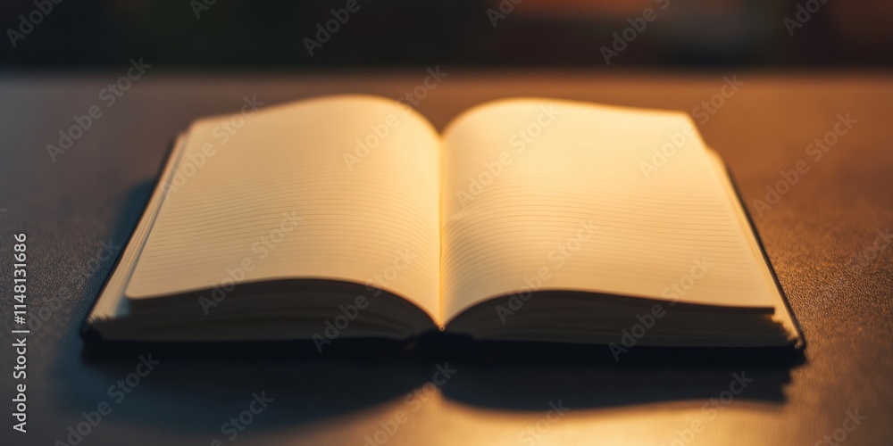 A book is open on a table. The light is shining on the pages. The book is a journal A book is open on a table. The light is shining on the pages. The book is a journal
