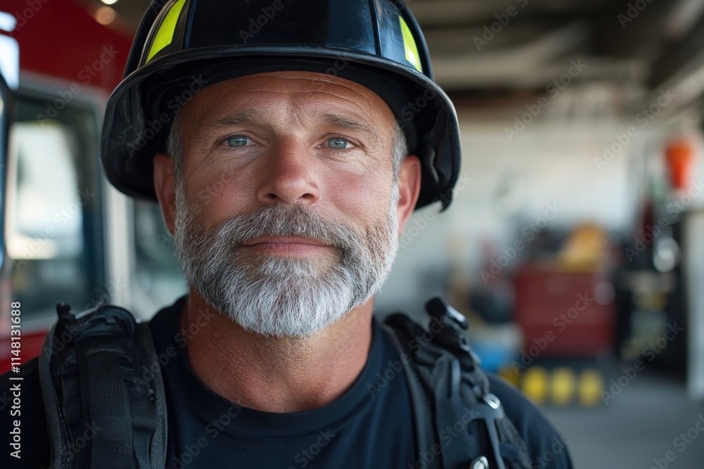 A seasoned firefighter gazes into the camera while wearing his helmet, showcasing determination and readiness, embodying the bravery and commitment of fire service professionals. A seasoned firefighter gazes into the camera while wearing his helmet, showcasing determination and readiness, embodying the bravery and commitment of fire service professionals.