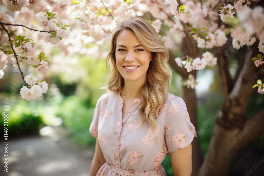 Portrait of a beautiful blonde girl in a pink dress in a blooming garden Portrait of a beautiful blonde girl in a pink dress in a blooming garden
