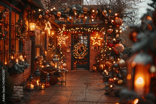 Enchanting festive decorations illuminate a cozy walkway during the holiday season photo